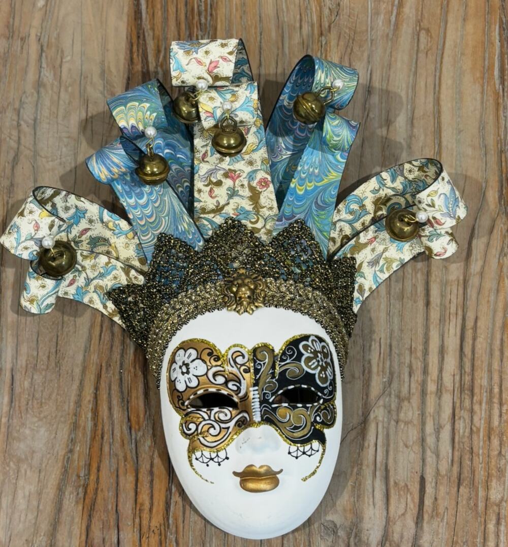 Venetian Style Jester Mask Wall Decor Mardi Gras Carnival Bells Handmade 10"